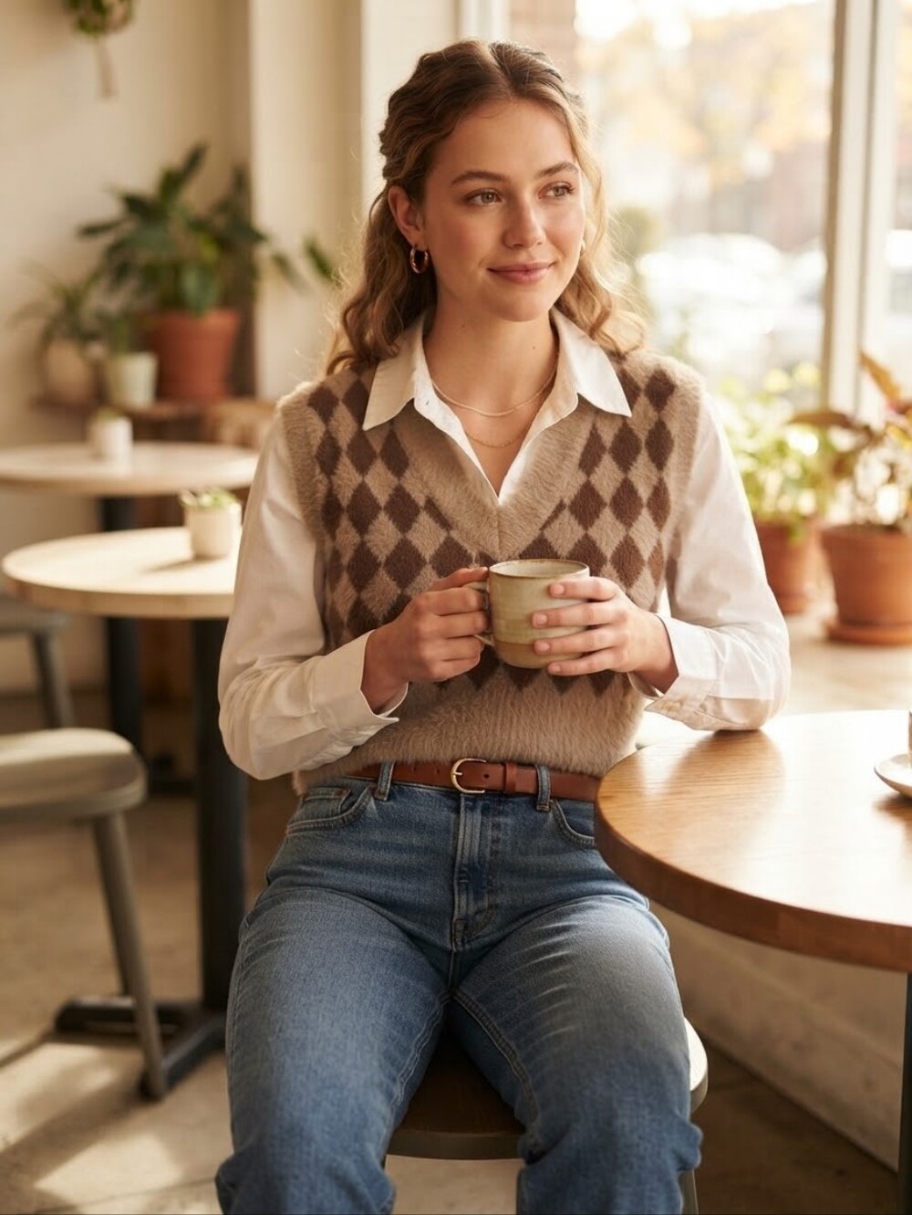 Sincerely Jules Fuzzy Argyle Brown Tan V-Neck Sweater Vest Size S